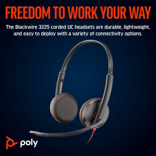 POLY Blackwire 3225 Stereo USB-C Headset +3.5mm Plug +USB-C/A Adapter